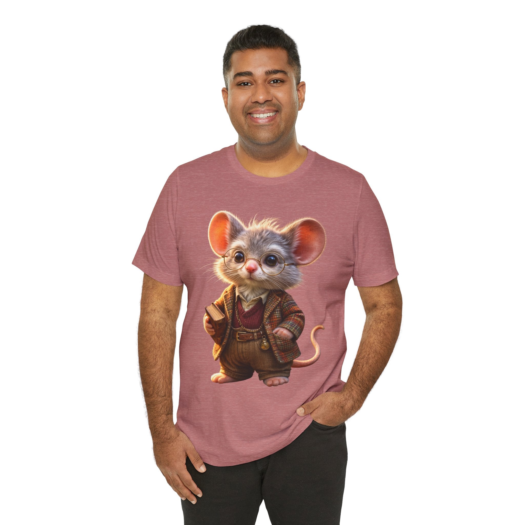 Man wearing a t-shirt with a cartoon mouse design on a white background