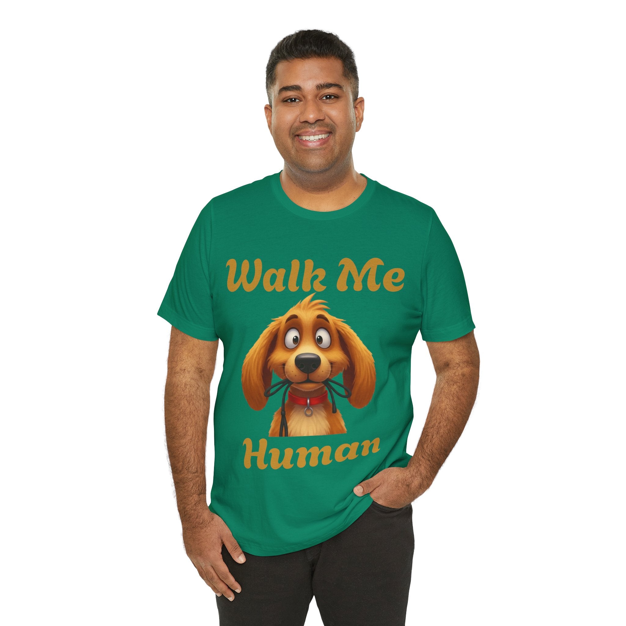 Elevor360 - Man wearing a green t-shirt with a dog graphic and text on a white background
