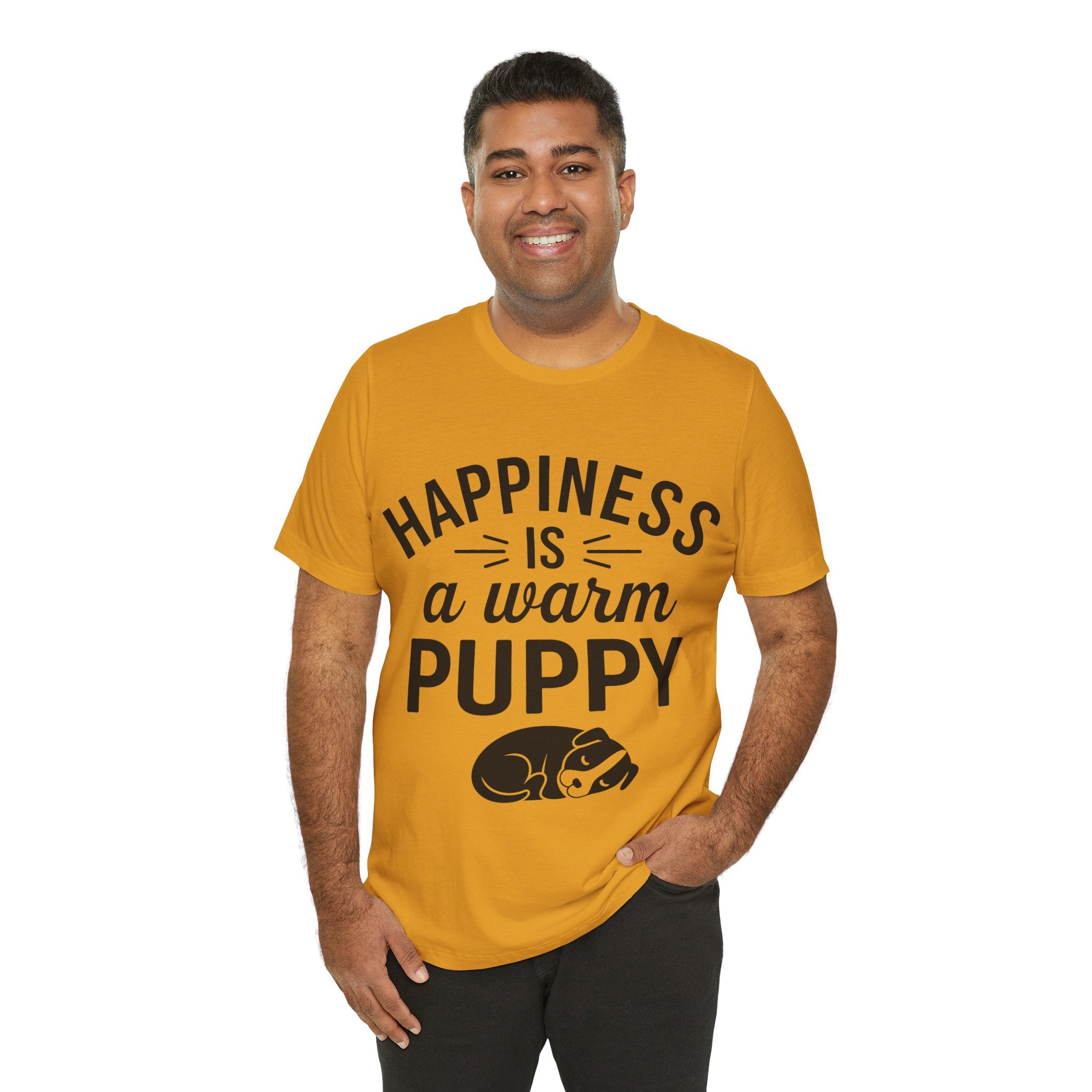 Man wearing a yellow t-shirt with 'Happiness is a warm puppy' text and graphic on a white background