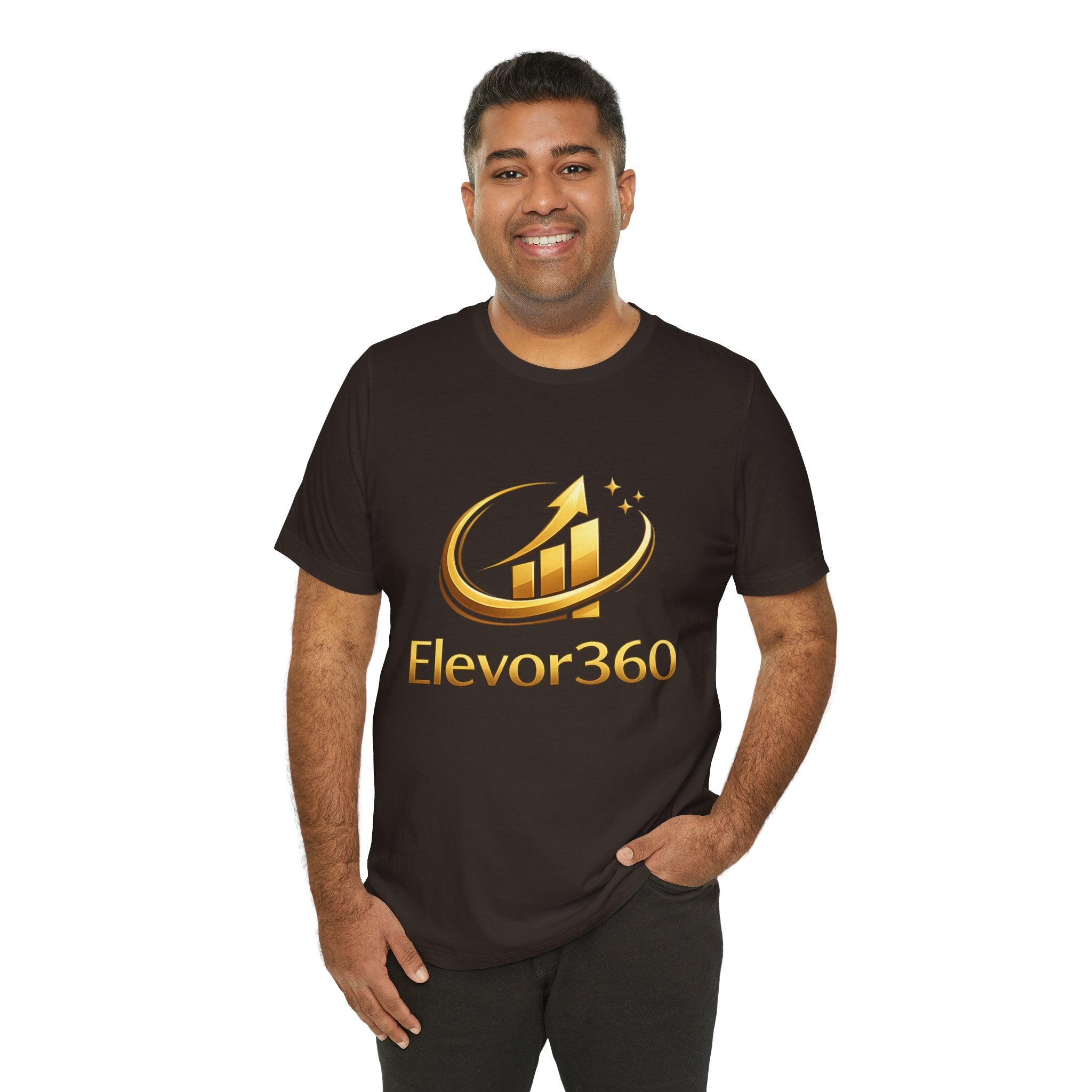 Man wearing a black t-shirt with 'Elevor360' logo on a white background