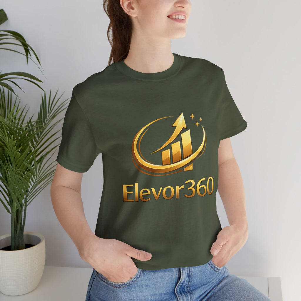 Person wearing a black t-shirt with 'Elevor360' logo in gold.