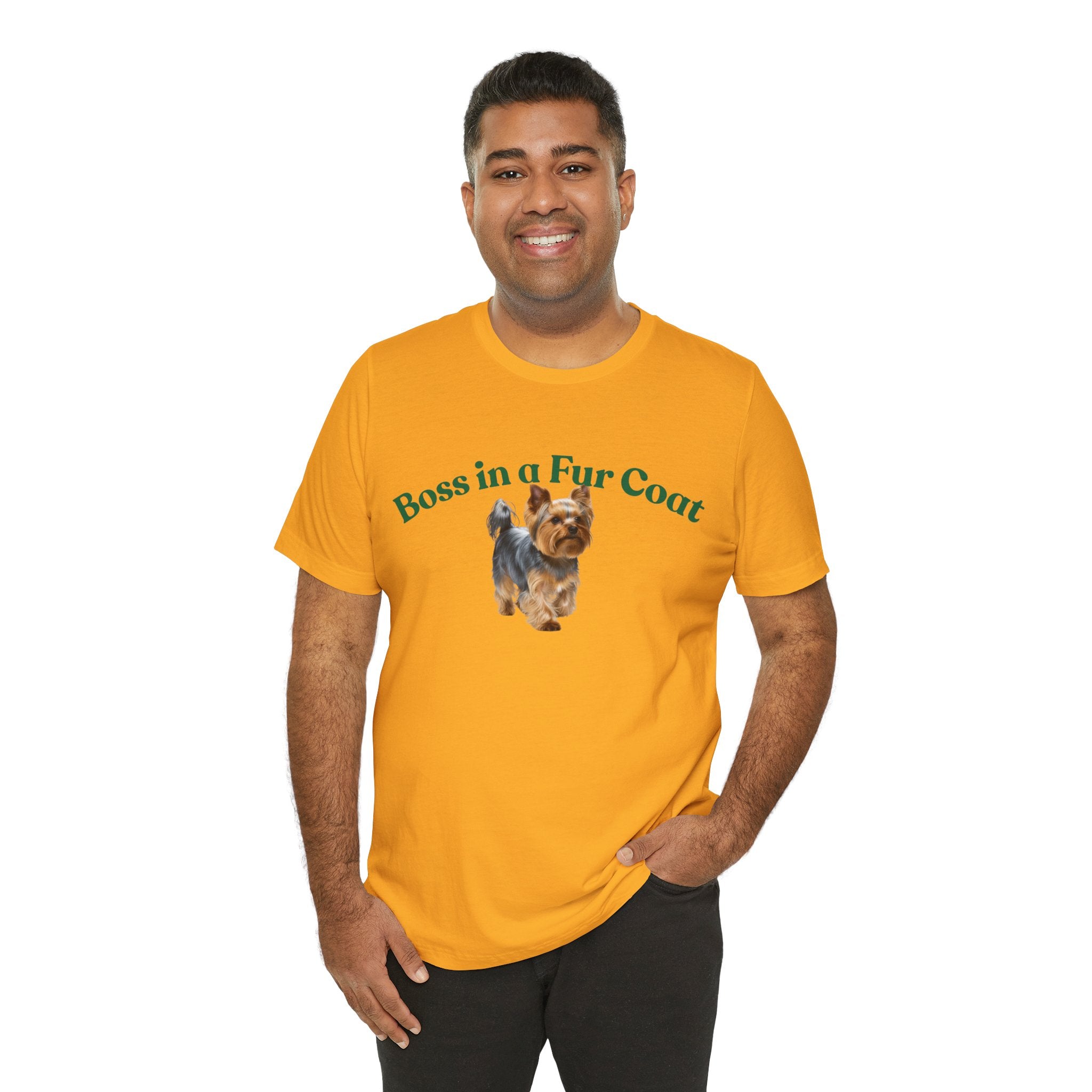 Boss in a Fur Coat T‑Shirt – Cute Yorkie Graphic Tee for Dog Lovers