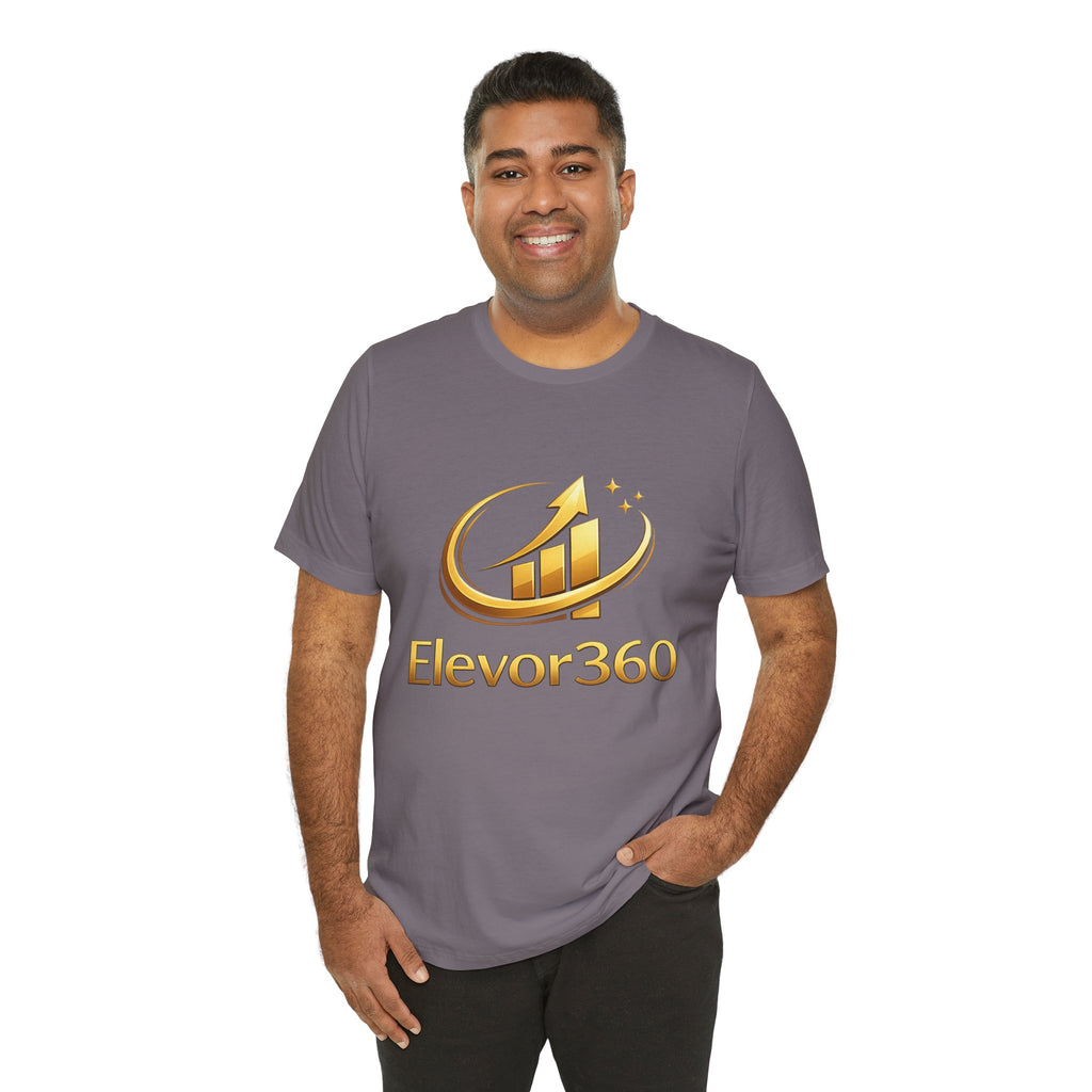 Man wearing a gray t-shirt with 'Elevor360' logo on a white background