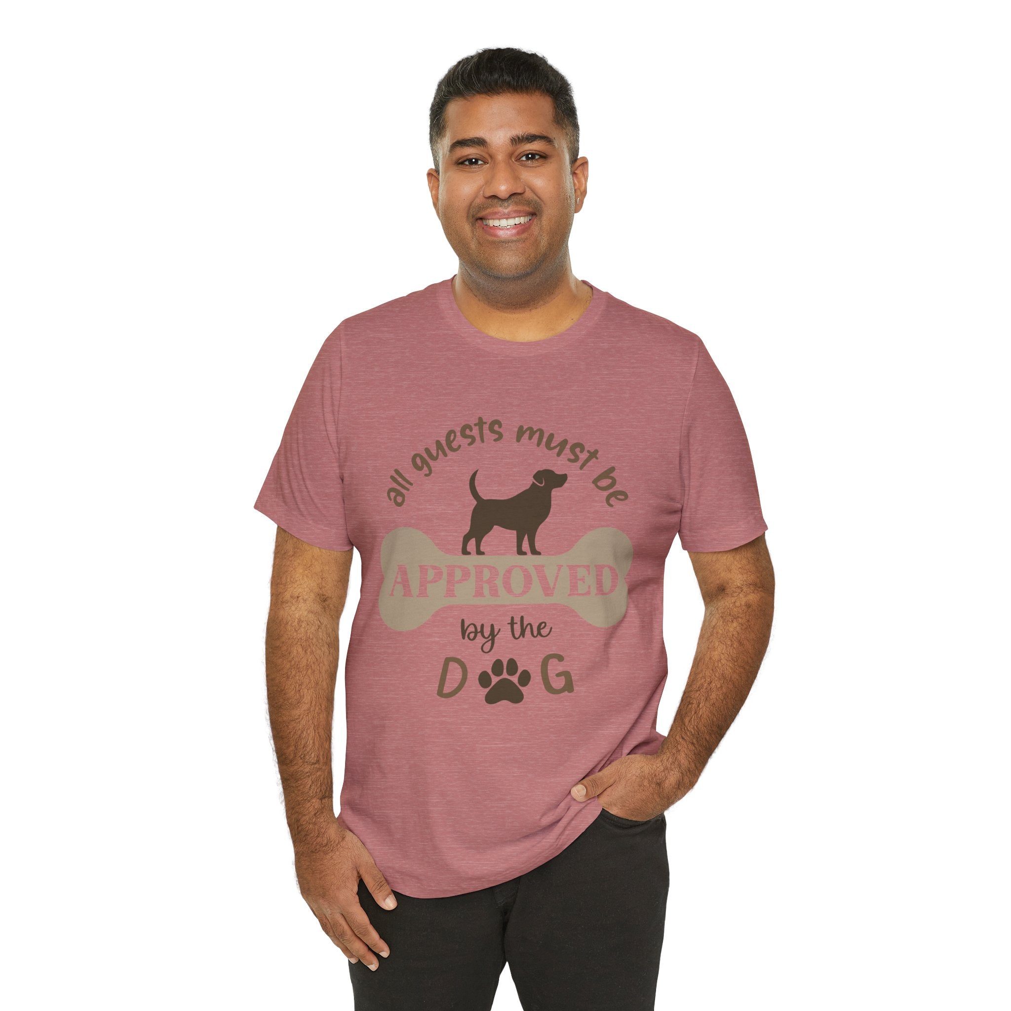 Man wearing a maroon t-shirt with a dog-themed graphic and text on a white background