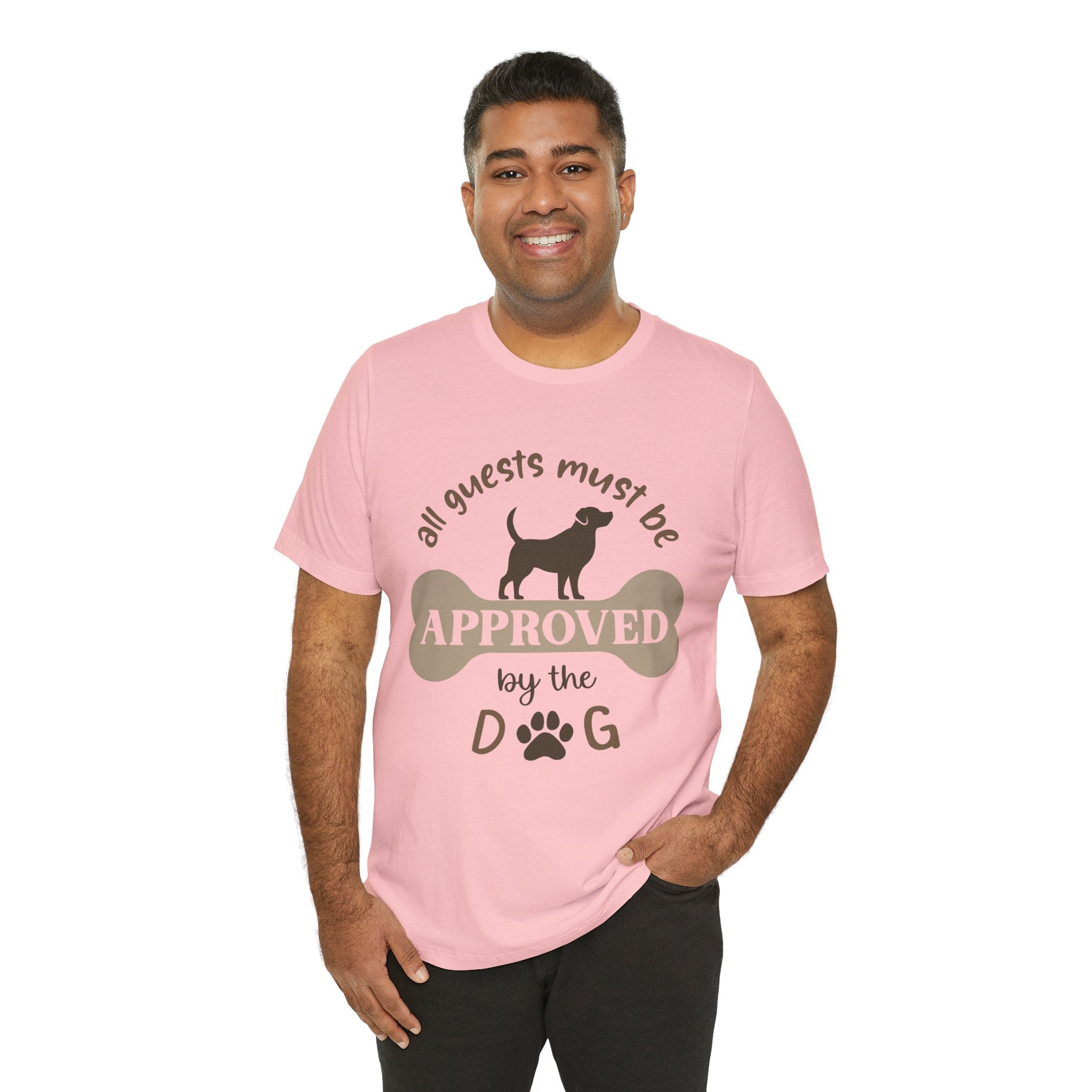 Man wearing a pink t-shirt with 'My blood type is coffee' text on a white background