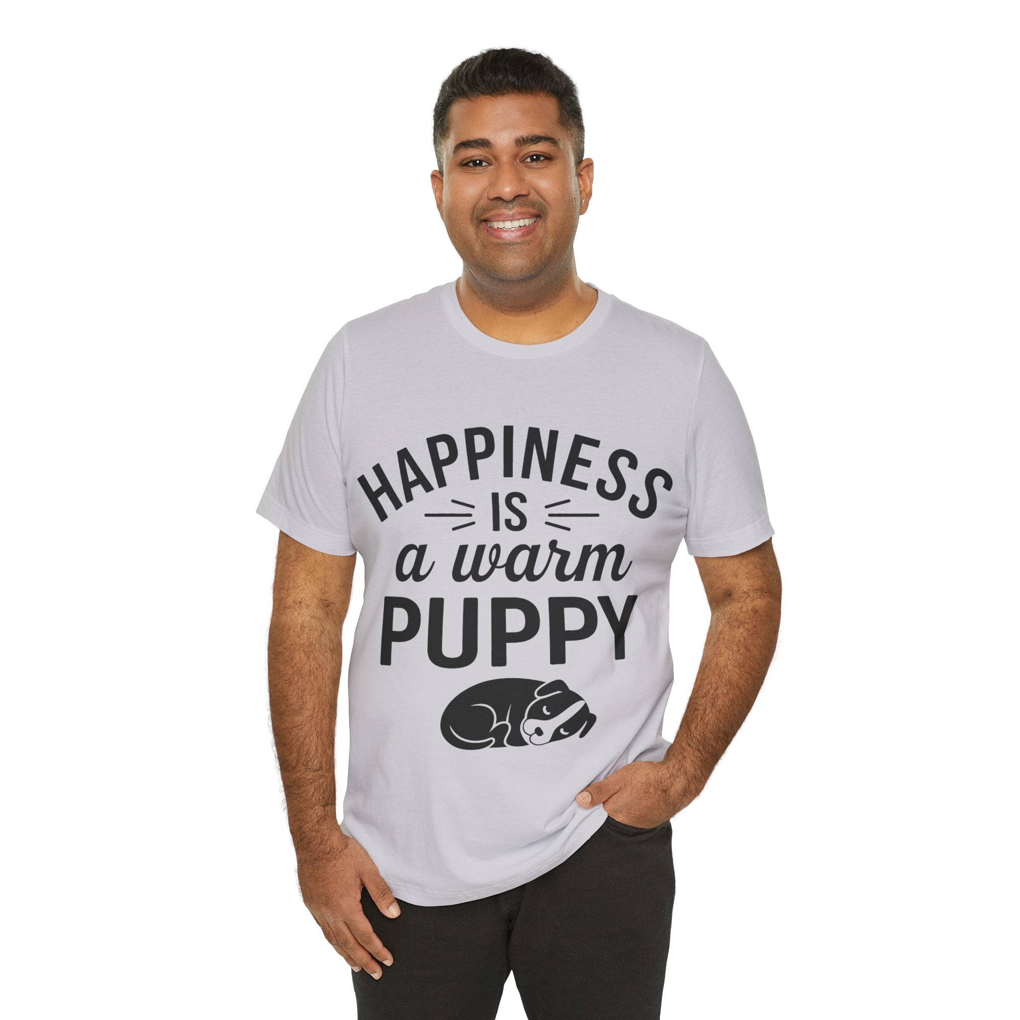 Man wearing a white t-shirt with 'Happiness is a warm puppy' text and graphic on a white background