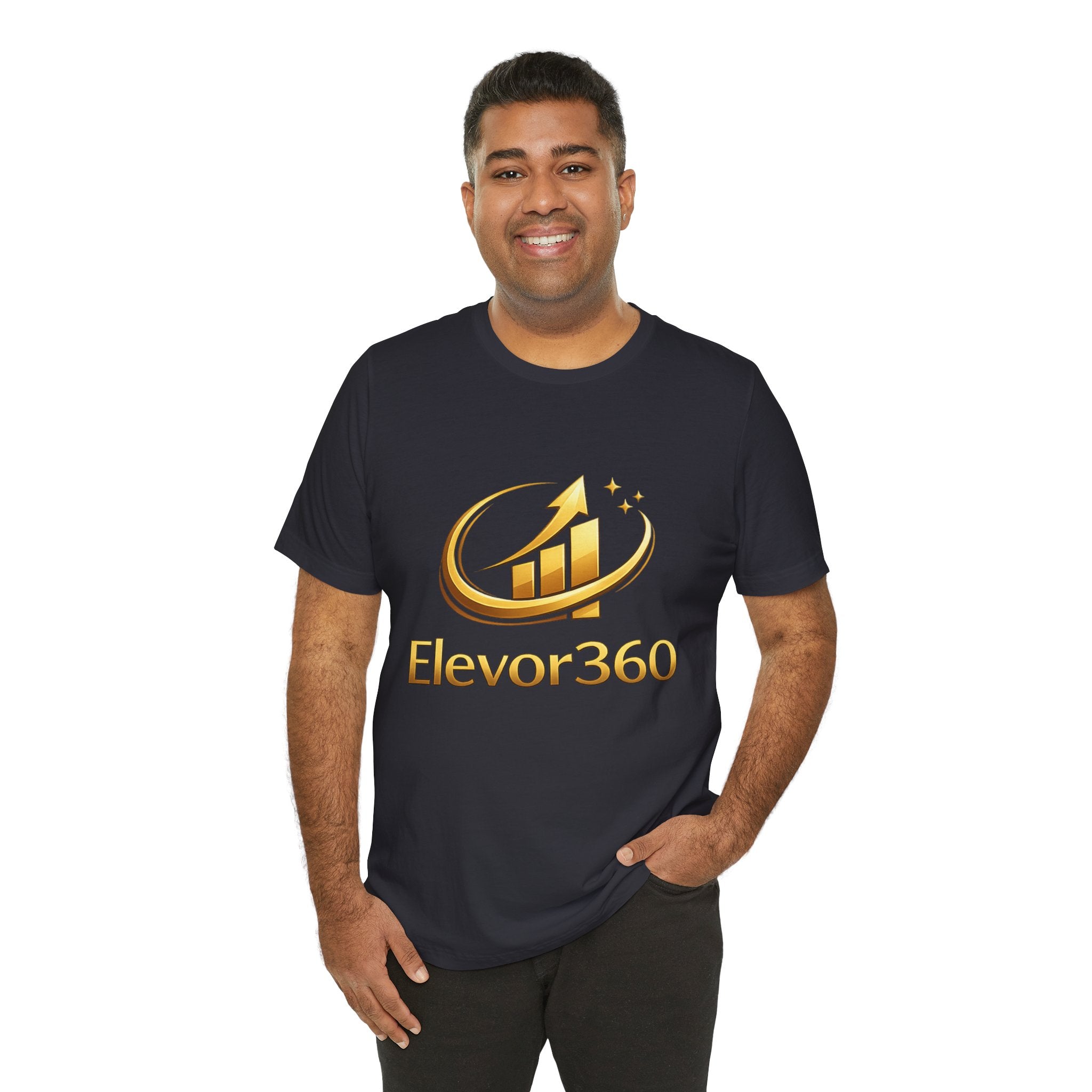 Man wearing a black t-shirt with 'Elevor360' logo on a white background