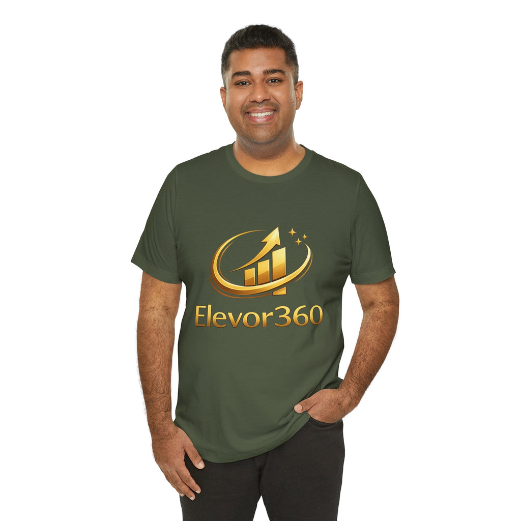 Man wearing a gray t-shirt with 'Elevor360' logo on a white background
