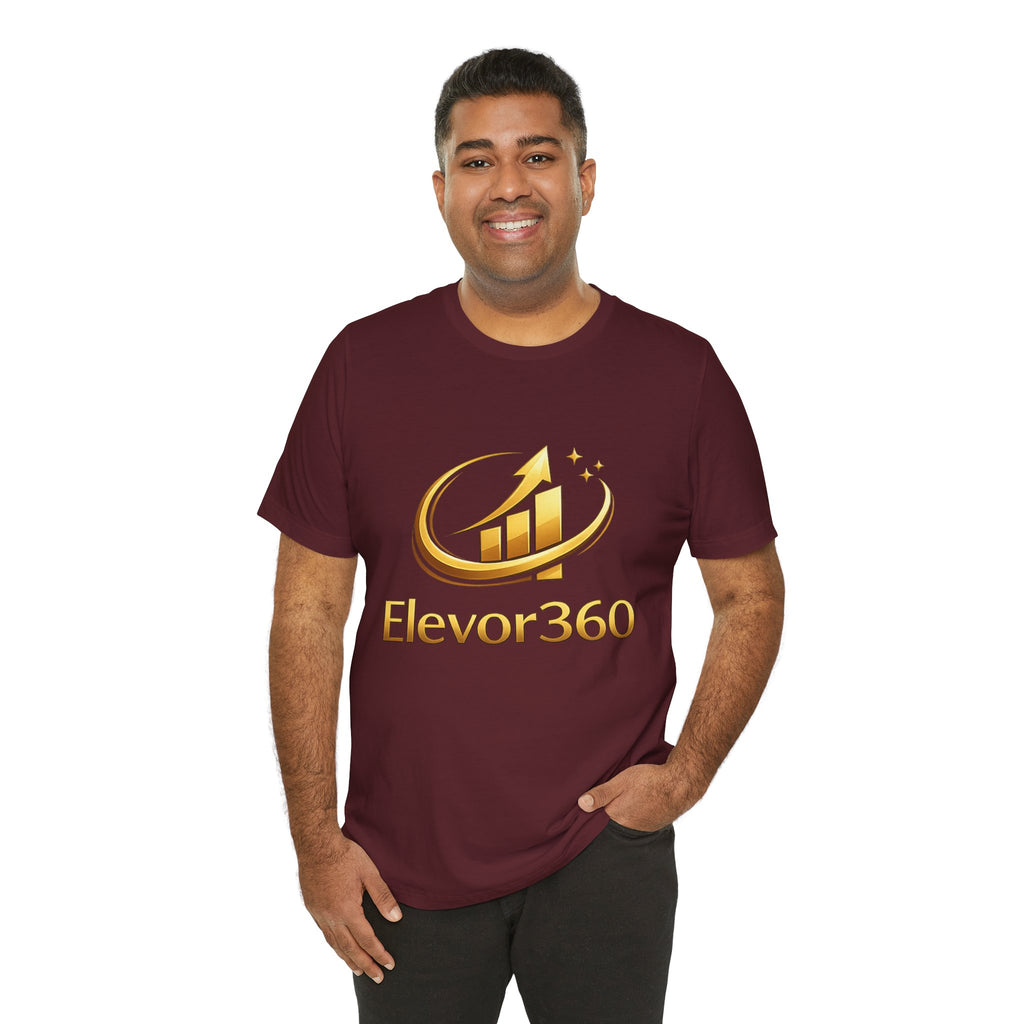 Man wearing a maroon t-shirt with 'Elevor360' logo on a white background