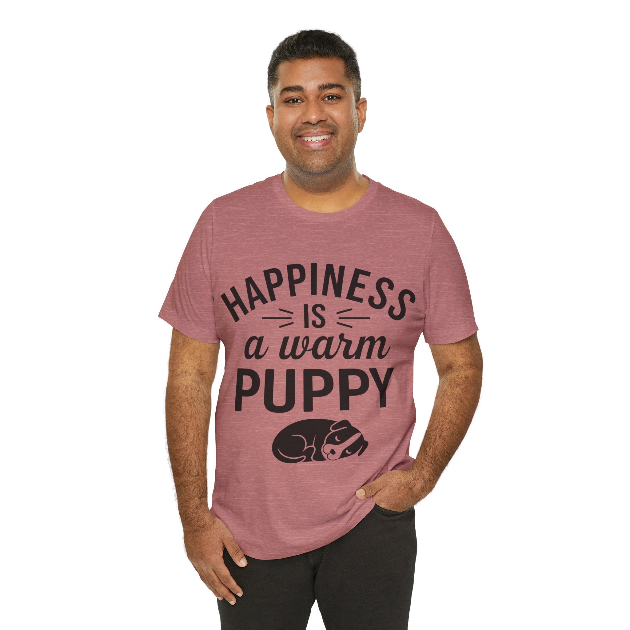 Man wearing a t-shirt with 'Happiness is a warm puppy' text and graphic on a white background