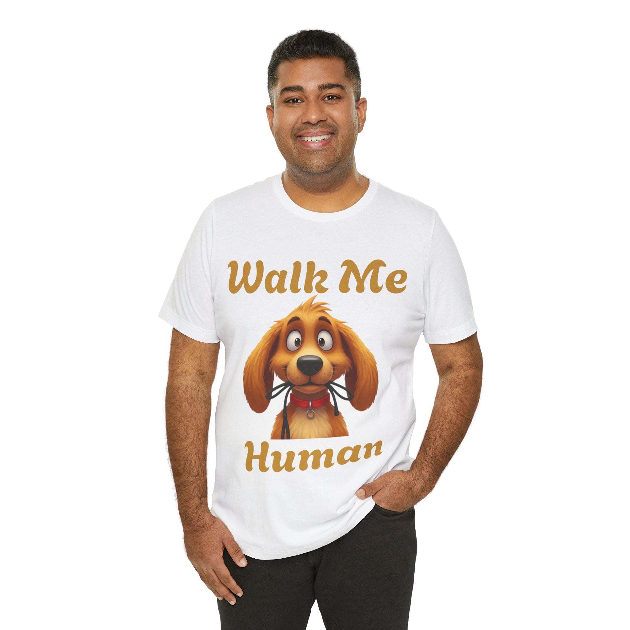 Elevor360 - Man wearing a white t-shirt with a dog graphic and text on a white background