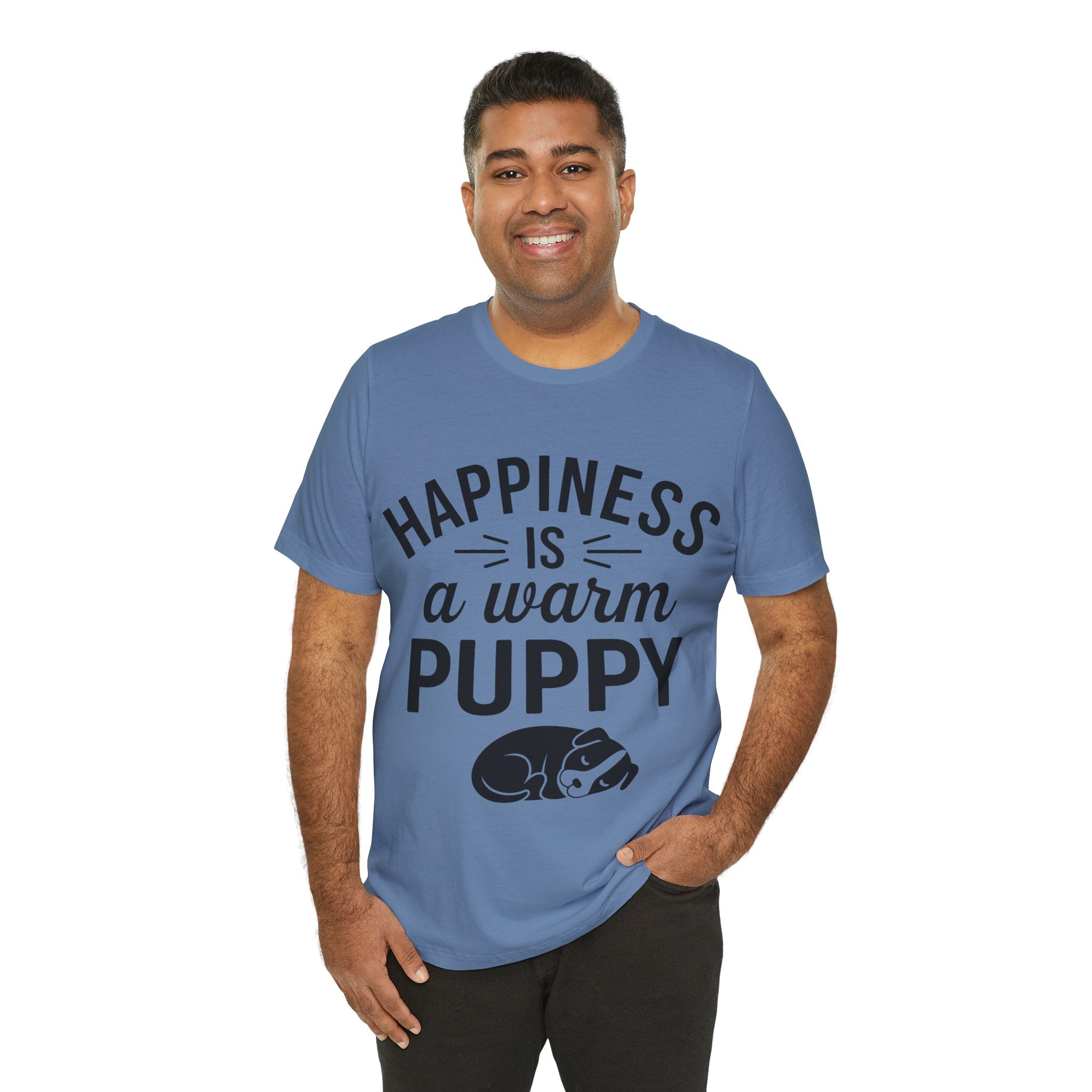 Man wearing a blue t-shirt with 'Happiness is a warm puppy' text and graphic.