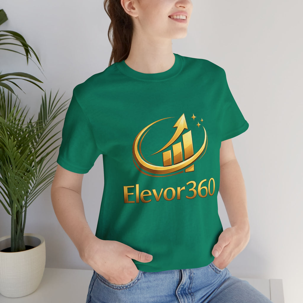 Person wearing a green t-shirt with Elevor360 logo in a casual setting
