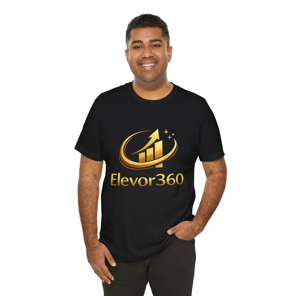 Elevor360 - Man wearing a black t-shirt with 'Elevor360' logo on a white background
