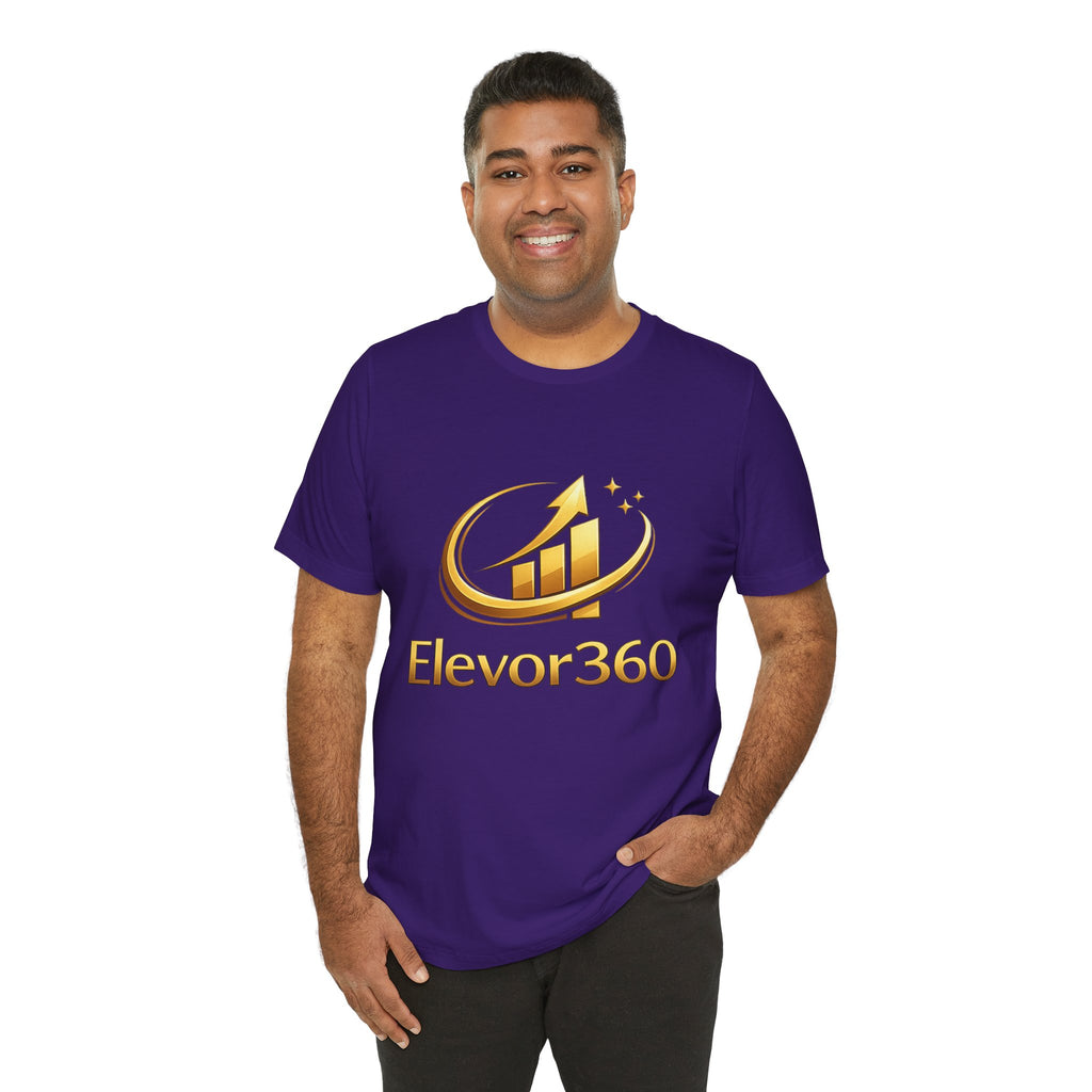 Man wearing a purple t-shirt with 'Elevor360' logo on a white background
