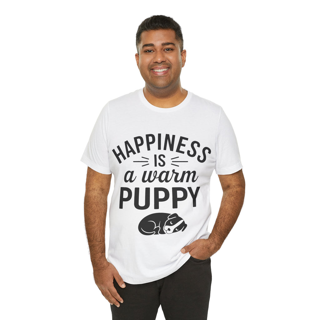 Man wearing a white t-shirt with 'Happiness is a warm puppy' text and graphic on a white background