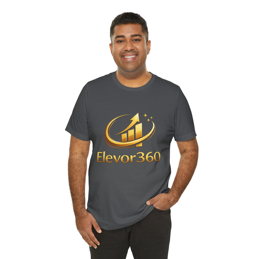 Man wearing a gray t-shirt with 'Elevor360' logo on a white background