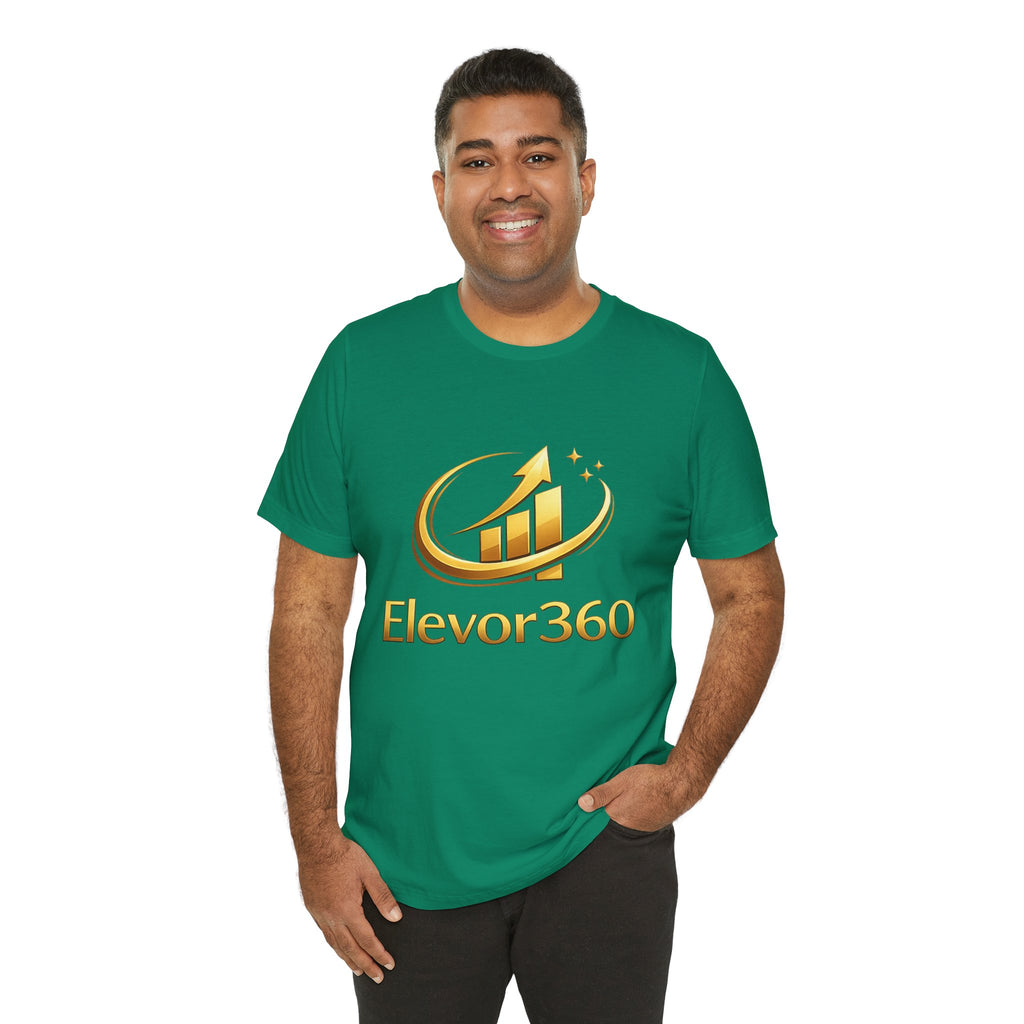 Man wearing a green t-shirt with 'Elevor360' logo on a white background