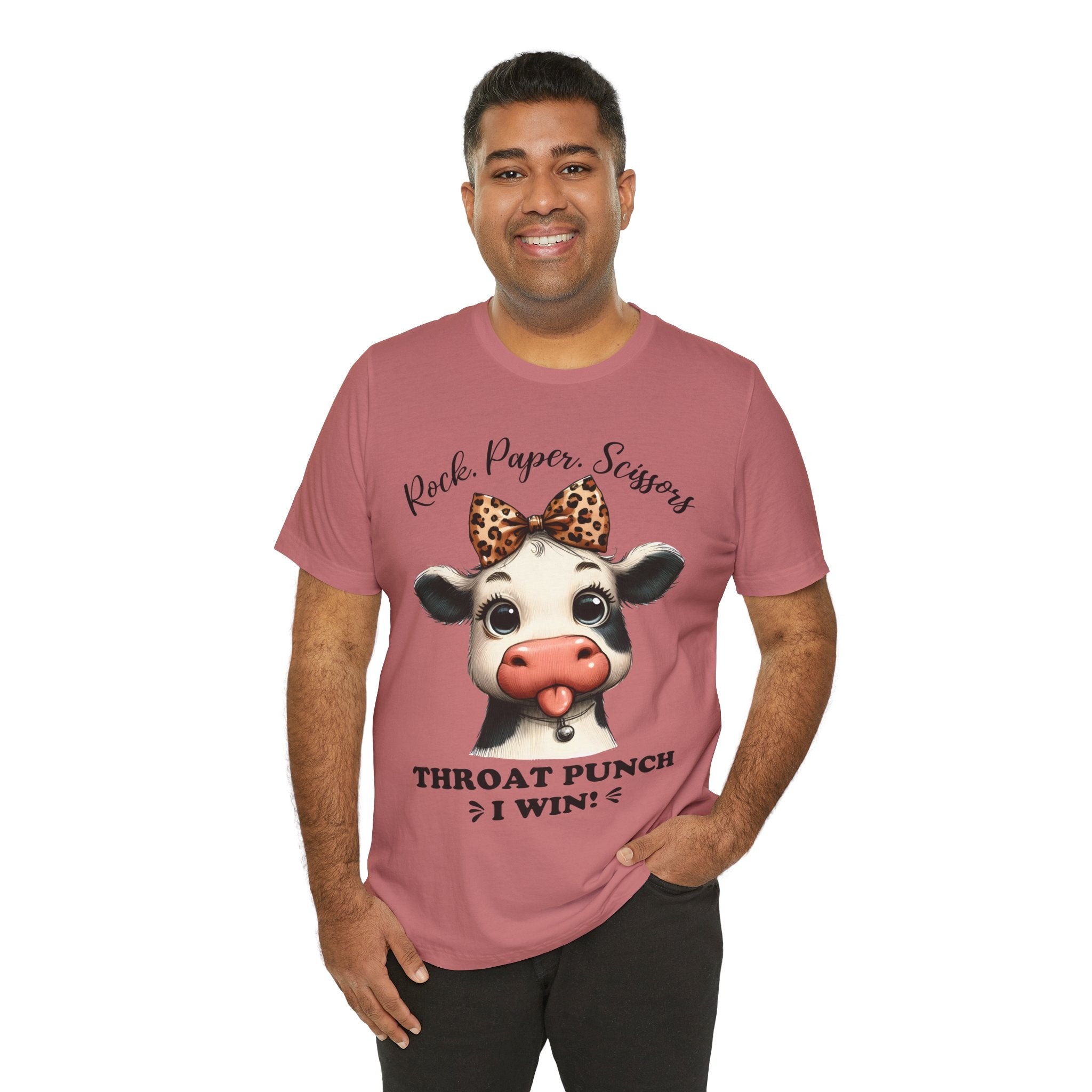 Funny Cow Graphic T-Shirt – “Rock Paper Scissors Throat Punch I Win” Tee
