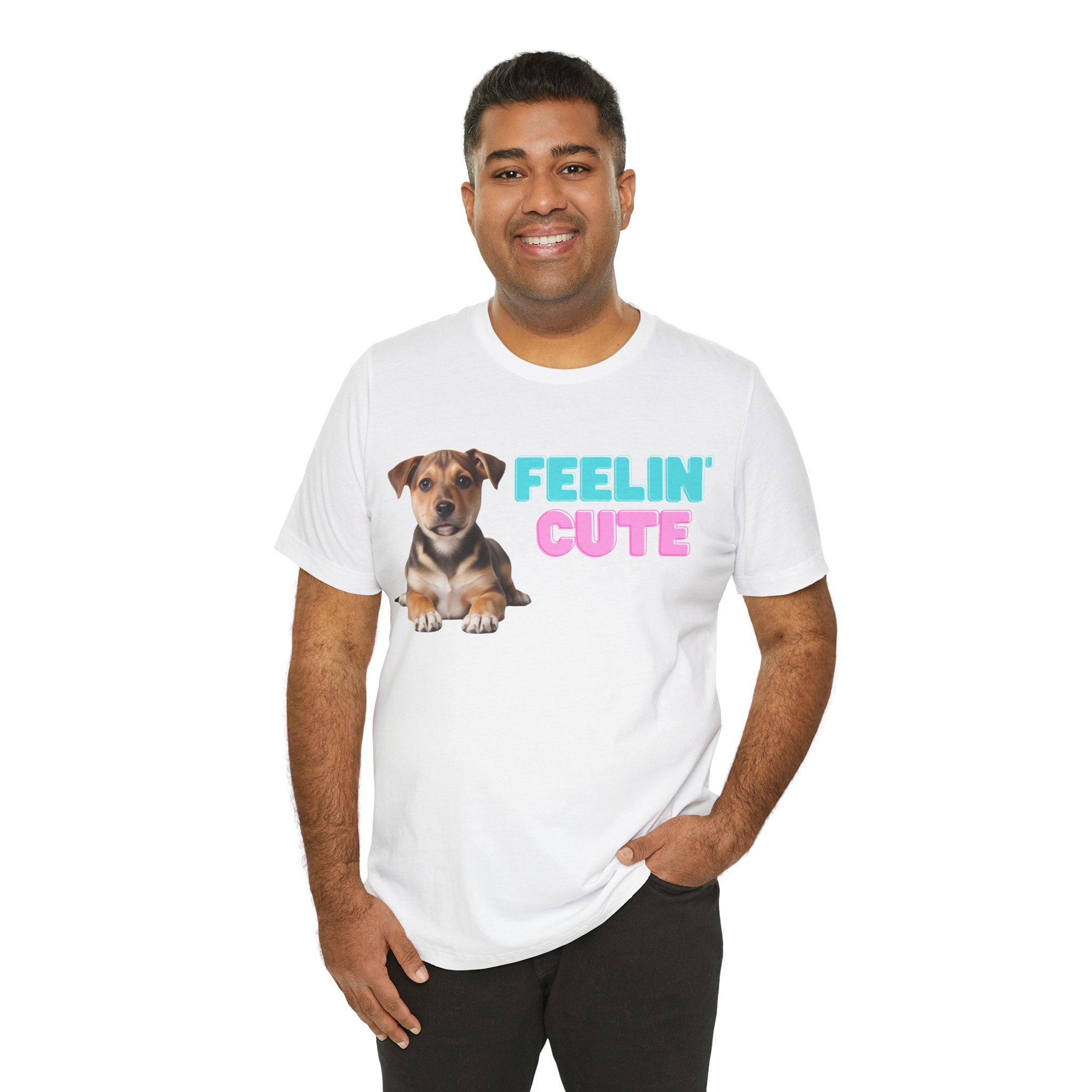 Man wearing a white t-shirt with a dog graphic and 'FEELIN CUTE' text on a white background
