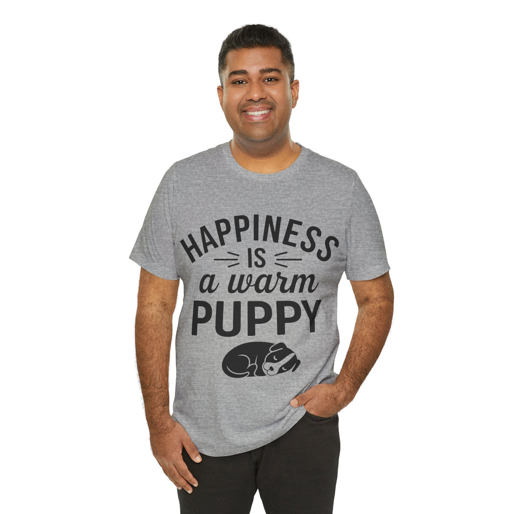 Man wearing a gray t-shirt with 'Happiness is a warm puppy' text and graphic on a white background
